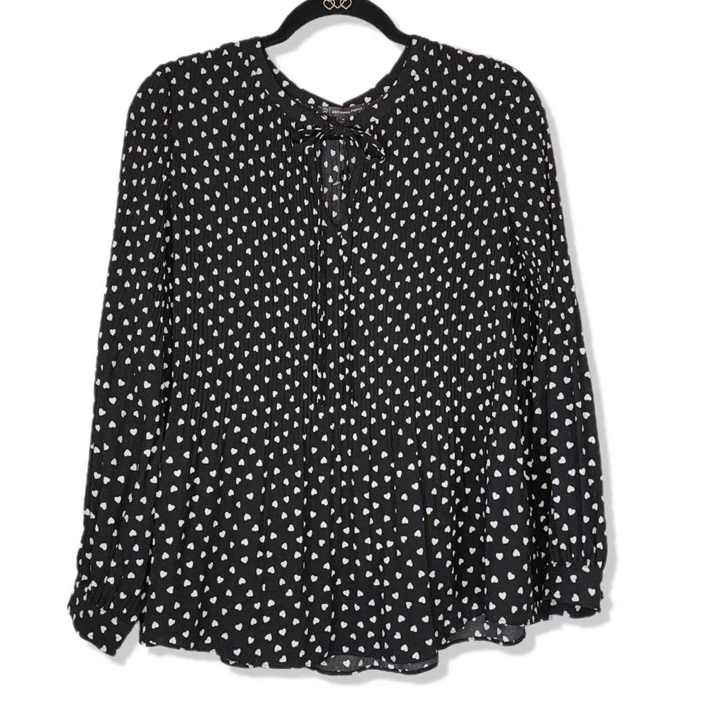 Adrianna Papell Crepe Pleated Long Sleeve Blouse Valentines Heart Print Black L